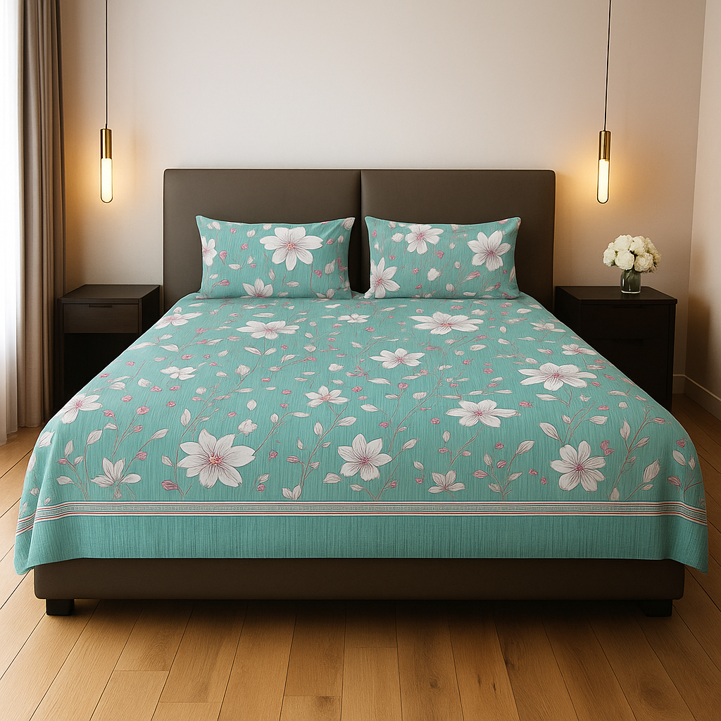 Blossom Mint Bloom – 3 Pcs Fitted Bedsheet