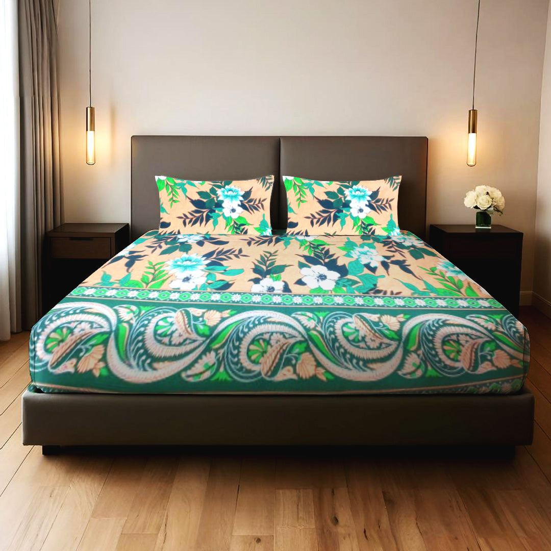 Earthy Bloom 3PCS Bedsheet Set – Beige & Green