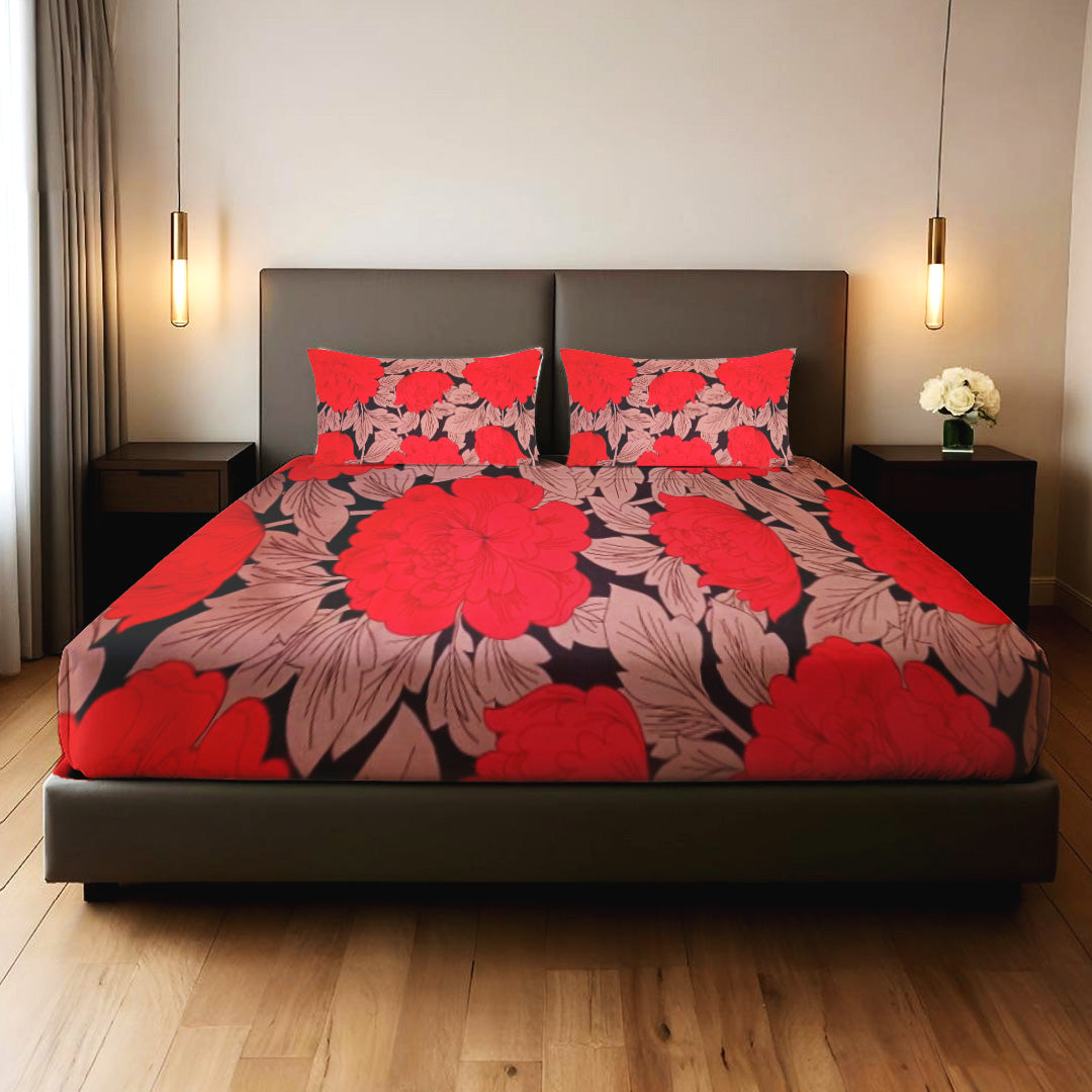 Red & Black Floral 3 PCS Bedsheet Set