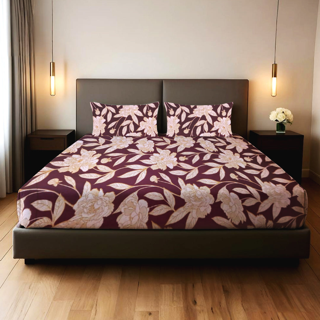 Maroon Beige Floral 3 PCS Bedsheet Set