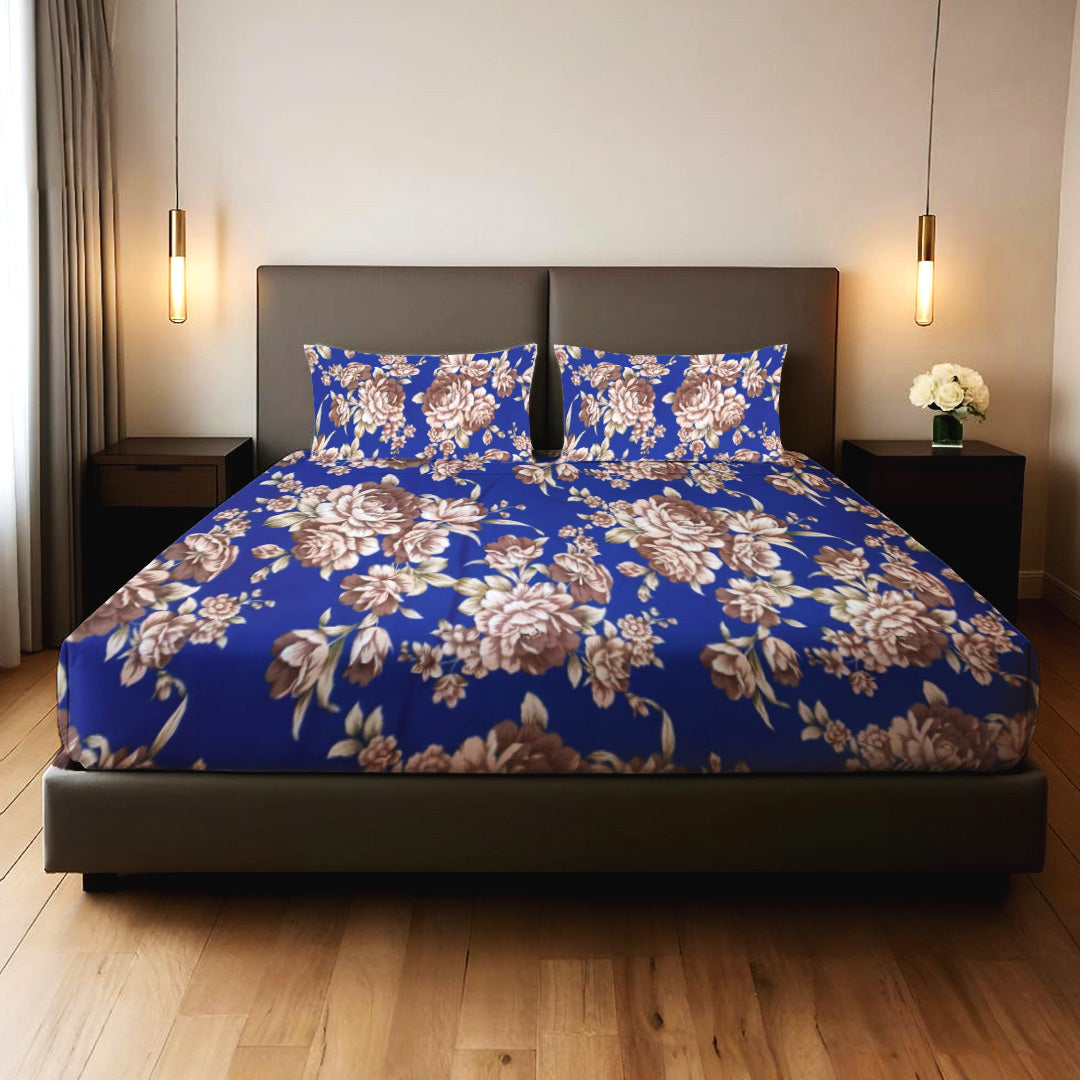 Blue & Beige Floral 3 PCS Bedsheet Set